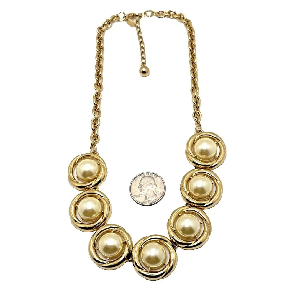 Lady Remington TRISH Faux Pearl Bib Necklace Gold Tone Statement Vintage 18-20